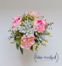 wedding photo - Pink Boho Bouquet with Peonies Cabbage Roses Succulents Eucalyptus Dusty Miller and Berries
