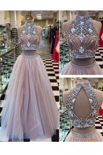 wedding photo -  Charming Two Piece Prom/Evening Dress White Floor-Length Backless Tulle Rhinestone