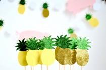 wedding photo - Glitter Pineapple Cupcake Toppers - 12 toppers in yellow or gold with green glitter tops