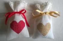 wedding photo - Heart embroidered off white Linen wedding favour bags, custom wedding candy bags,custom  thank you bags, cross stich embroidery, set of 10
