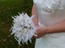 wedding photo - Feather wedding bouquet with crystal flowers and pearls in silver. Brooch bouquet alternative. Crystals. Brides bouquet.