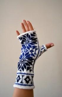 wedding photo - Nordic Fingerless Gloves - Wool White and Blue Fingerless Gloves - Scandinavian Gloves with Stars - Knit Fingerless Gloves nO 130.