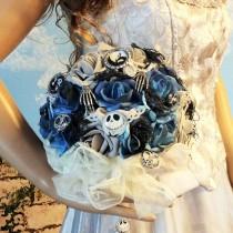 wedding photo - Nightmare Before Christmas Wedding Bouquet/Bridal Bouquet&Boutonniere-Jack Skellington-Tim Burton-Blue/Gray/Black-Halloween Wedding Bouquet