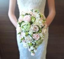wedding photo - Bespoke Vintage Pastel pink and Green rose and peony teardrop wedding bridal bouquet country style