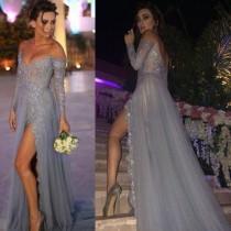 wedding photo -  Sexy Women's Prom Dress/Evening Dress - Gray Off-the-Shoulder Tulle with Apppliques