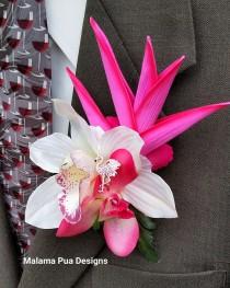 wedding photo - TROPICAL BOUTONNIERE, Groom's accessory, Tropical, Ferns & Orchids, Flamingo, Tropical Wedding, Wedding Accessory, Hawaiian, Beach wedding