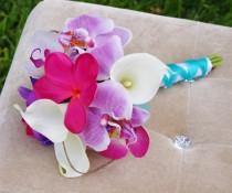 wedding photo - Wedding Fuchsia Pink and Lilac Natural Touch Orchids and Plumerias Silk Flower Bride Bouquet