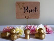 wedding photo - Gold Champagne Corks with Gold Wire Stand, Place Card Holder or Place Setter, Wine Cork Name Badge Name, Card Holder, Heart or Circle