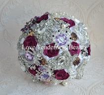wedding photo - SALE! READY to SHIP  Plum Wedding Brooch Bouquet, White and Silver Bouquet, Bridal Bouquet, Rosette Plum bridesmaids bouquets, wedding decor