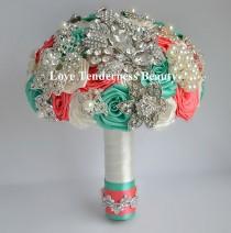 wedding photo - SALE! Wedding Bridal Bridesmaid Brooch Bouquet, Coral Mint Ivory and Silver Wedding Bouquet, Bridal Bouquet, Jewelry Bouquet, Broach Bouquet