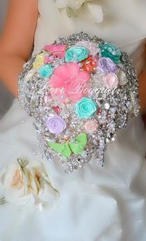 wedding photo - Cascading Brooch bouquet, Mint, Lilac, Pink, Coral and Silver Wedding Brooch Bouquet, Bridal Bouquet, Jewelry Bouquet, Chandelier Wedding