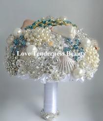 wedding photo - Sea Shells Wedding Brooch bouquet, Pearls and Silver Wedding Bouquet, Bridal Bouquet, Crystal White and Turquoise Bouquet, Jewelry Bouquet