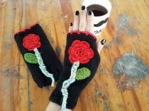 wedding photo - Black Handmade Gloves, Crochet Gloves, Wool Gloves, Knit Gloves, Christmas Gift, Knitted Gloves, Fingerless Gloves, Gifts for Mom