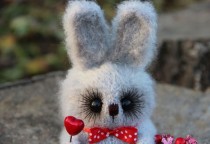 wedding photo - Plush bunny doll with red heart Easter bunny toy knitted rabbit hand knit bunny grey hand knit toy plush Rabbit wool toy stuffed bunny toy
