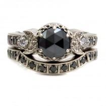 wedding photo - Modern Goth Engagement Ring Set - Black Rose Cut Diamond Moon Phase Stacking Wedding Rings White Gold
