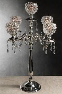 wedding photo - 30" Silver Crystal Centerpiece Globe Candleholder/ Candelabra 30in Hollywood Glam Roaring 20's Bling Crystals CandleStand