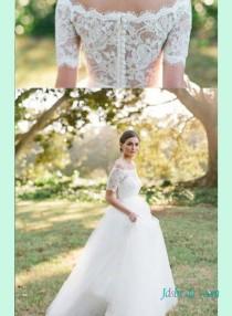 wedding photo - Beautiful illusion lace back short sleeves tulle wedding dress