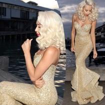 wedding photo -  Charming Sexy Prom Dress - Gold Spaghetti Straps Mermaid with Split