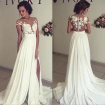wedding photo -  Sexy A-Line Split Side Sheer Neck Long Wedding Dress Bridal Gown with Lace