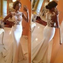 wedding photo -  Hot-Sell Long Wedding Gown - White Mermaid Scoop with Appliques