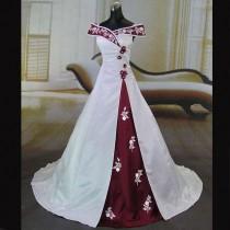 wedding photo -  Elegant Wedding Dress -Burgundy and White A-Line Off-the-Shoulder with Embroidery