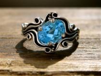 wedding photo - Oval Blue Topaz Engagement Ring in Sterling Silver with Ocean Sea Surf Theme and Blackened Waves or Grooves Size 7