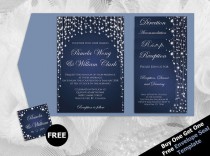 wedding photo -  DIY Printable Wedding Pocket Fold Invitation Set A7 5 x 7 | Editable MS Word file | Winter Silver Diamond Shower Navy Blue