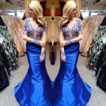 wedding photo -  Hot Sell Long Mermaid Prom Dress - Royal Blue Low Cut with Appliques
