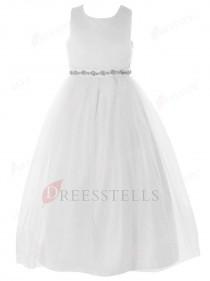 wedding photo -  Modern A-line Scoop Floor-length White Tulle Flower Girl Dress with Belt