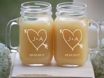 wedding photo - Valentines Day Gift for Couples, Personalized Mason Jar Glasses, His and Hers - Custom Engraved Valentines Gift, Rustic Heart Mason Jars
