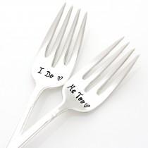 wedding photo - Wedding forks, "I do, Me Too" Table setting. Unique Engagement Gift Idea by Milk & Honey.