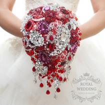 wedding photo - Brooch Bouquet Cascading Red Crystals Bouquet Wedding Bouquet Bridal Bouquet Bridesmaids Bouquet Purple Bouquet Jeweled Bouquet