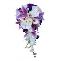 wedding photo - Large Cascade bouquet: Rose,calla lily,lily, orchid silk flowers.