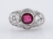wedding photo - Antique Engagement Ring Edwardian 1.22 ct Ruby & Old European Cut Diamonds in Platinum