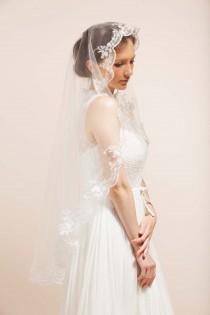 wedding photo - Wedding veil, bridal veil, mantilla veil, French lace trim veil in fingertip length, Bridal Mantilla Veil--JUNE