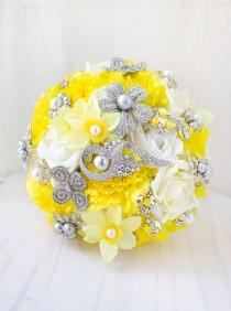 wedding photo - Yellow and Grey Wedding, Yellow and Grey Wedding Bouquet, Bridal Brooch Bouquet, Silk Flower Bouquet, Bridal Bouquet, Bridesmaid Brooch BQ40