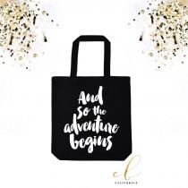 wedding photo - Wedding Tote Bag // Wedding Welcome Bag // Bridal Party Gifts // Bachelorette Party Totes // The Adventure Begins Black Tote Bag
