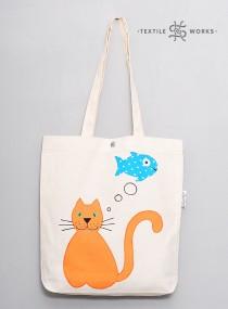 wedding photo - Cat and Fish tote bag. Handmade fabric bag with Cat applique. Textile eco bag. Shopper. Cat gift. Shoulder Bag. Canvas Bag. Cotton bag