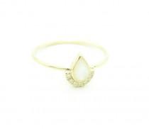 wedding photo - Pear Mother of Pearl & Diamond Ring - Engagement Ring - Pear Engagement Ring - Thin Gold Ring - Diamond Ring