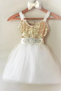 wedding photo - Ivory Flower Girl Dress- Flower Girl Gold Dress- Beige  Flower Girl Dress- Gold Birthday Girl Dress