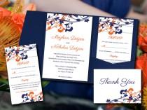 wedding photo - Wedding Pocketfold Template Download - Navy Orange Invitation "Whimsical Vines" Navy Orange Invite RSVP Accommodation Reception Thank You