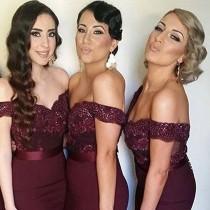 wedding photo -  Perfect Burgundy Bridesmaid Dress - Mermaid Off Shoulder Sweep Train with Beading Lace