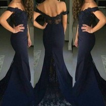 wedding photo -  Hot-selling Navy Off-the-shoulder Long Mermaid Prom Dress with Train from Dressywomen