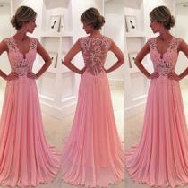 wedding photo -  Classic Prom Dress/Evening Dress- Pink A-Line V-Neck Court Train with Appliques from Dressywomen