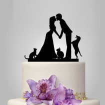 wedding photo -  Wedding Cake topper with dog and 2 cats, funny bride and groom topper