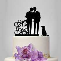 wedding photo -  Gay Wedding Cake topper with dog, uniqueMr and Mr cake topper,