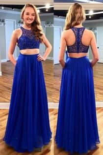 wedding photo -  Elegant Two-piece Royal blue Scoop A-line Prom Party Dress with Beading