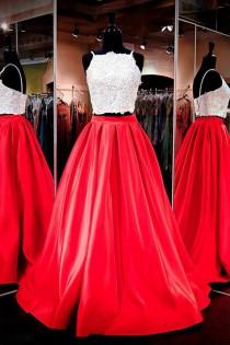 wedding photo -  Gorgeous Two-piece Square Neck Red Floor-Length Prom Dress with Lace