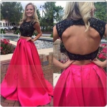 wedding photo - Buy Glamorous Two-Piece Scoop Sweep Train Fuchsia Satin Homecoming Dress with Black Lace Special Occasion Dresses under $169.99 only in Dressthat.