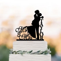 wedding photo - Personalized Wedding Cake topper mr and mrs, Cake Toppers with bride and groom silhouette, funny wedding cake toppers with letter monogram